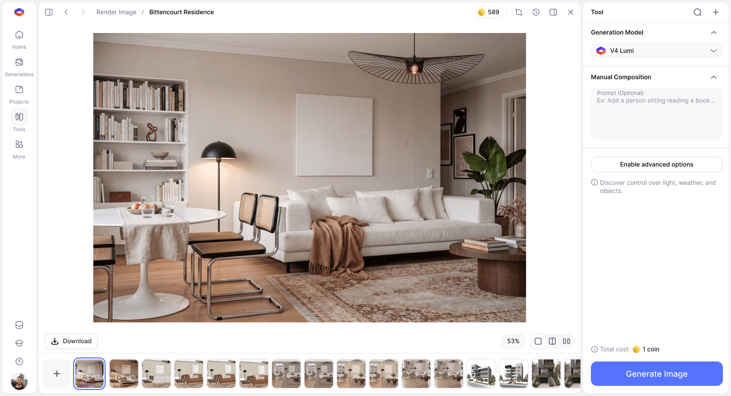 Redraw interface for creating architectural renders with AI